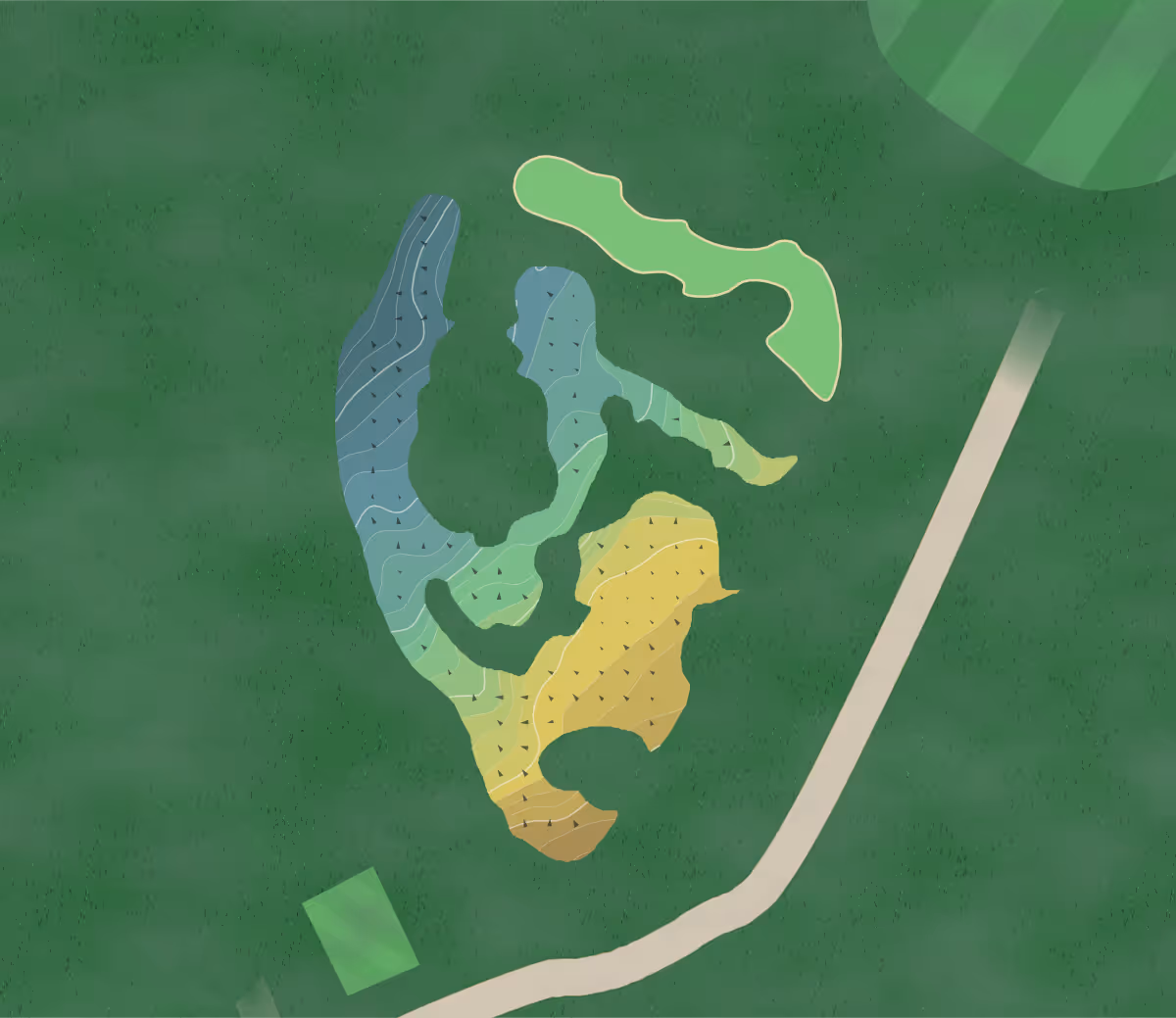 Green contour map of Little Aston in Sutton Coldfield, England — 283 elevation contours at a 8-centimeter interval with fall-line arrows, traced from 1-meter lidar