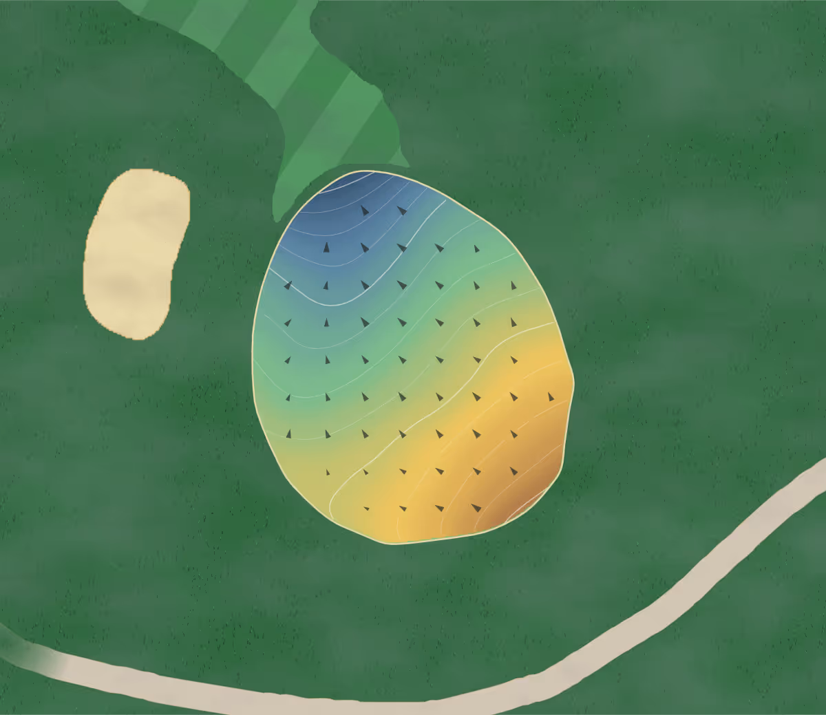 Green contour map of Little Bighorn Golf Club in Pierceton, Indiana — 175 elevation contours at a 3-inch interval with fall-line arrows, traced from 1-meter lidar