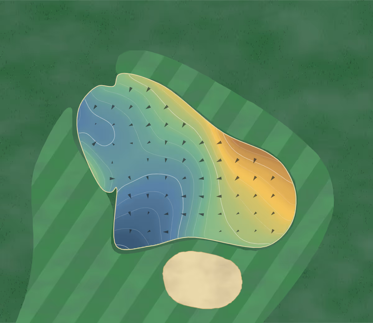 Green contour map of Live Oak Golf Club in Abilene, Texas — 110 elevation contours at a 3-inch interval with fall-line arrows, traced from 1-meter lidar