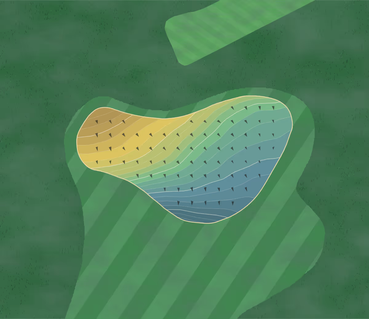 Green contour map of Llanishen in Cardiff, Wales — 250 elevation contours at a 8-centimeter interval with fall-line arrows, traced from 1-meter lidar
