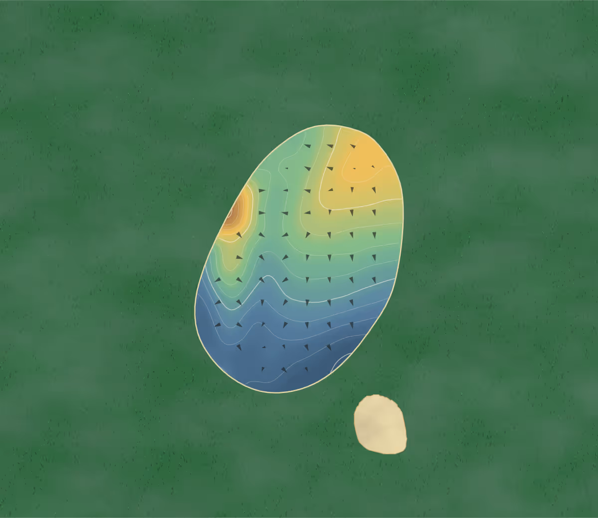 Green contour map of Llanyravon Golf Course in Cwmbran, Wales: 67 elevation contours at a 8-centimeter interval with fall-line arrows, traced from 1-meter lidar