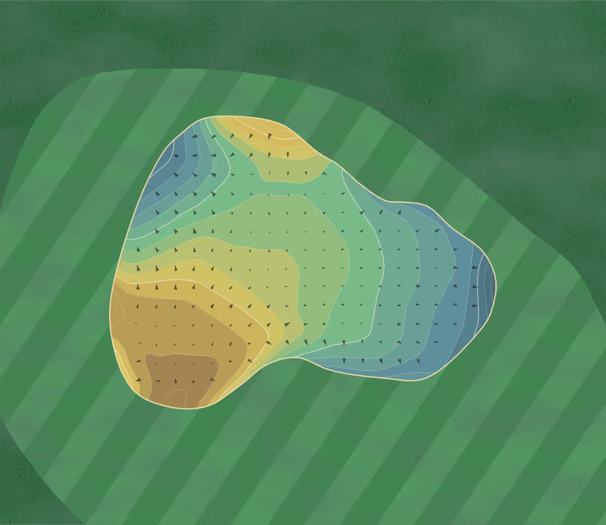 Green contour map of Lochemse Golfclub in RR Lochem, Netherlands — 197 elevation contours at a 8-centimeter interval with fall-line arrows, traced from 1-meter lidar
