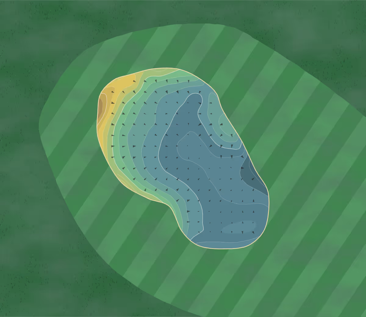 Green contour map of Lochend Craigentinny in Edinburgh, Scotland — 183 elevation contours at a 8-centimeter interval with fall-line arrows, traced from 1-meter lidar