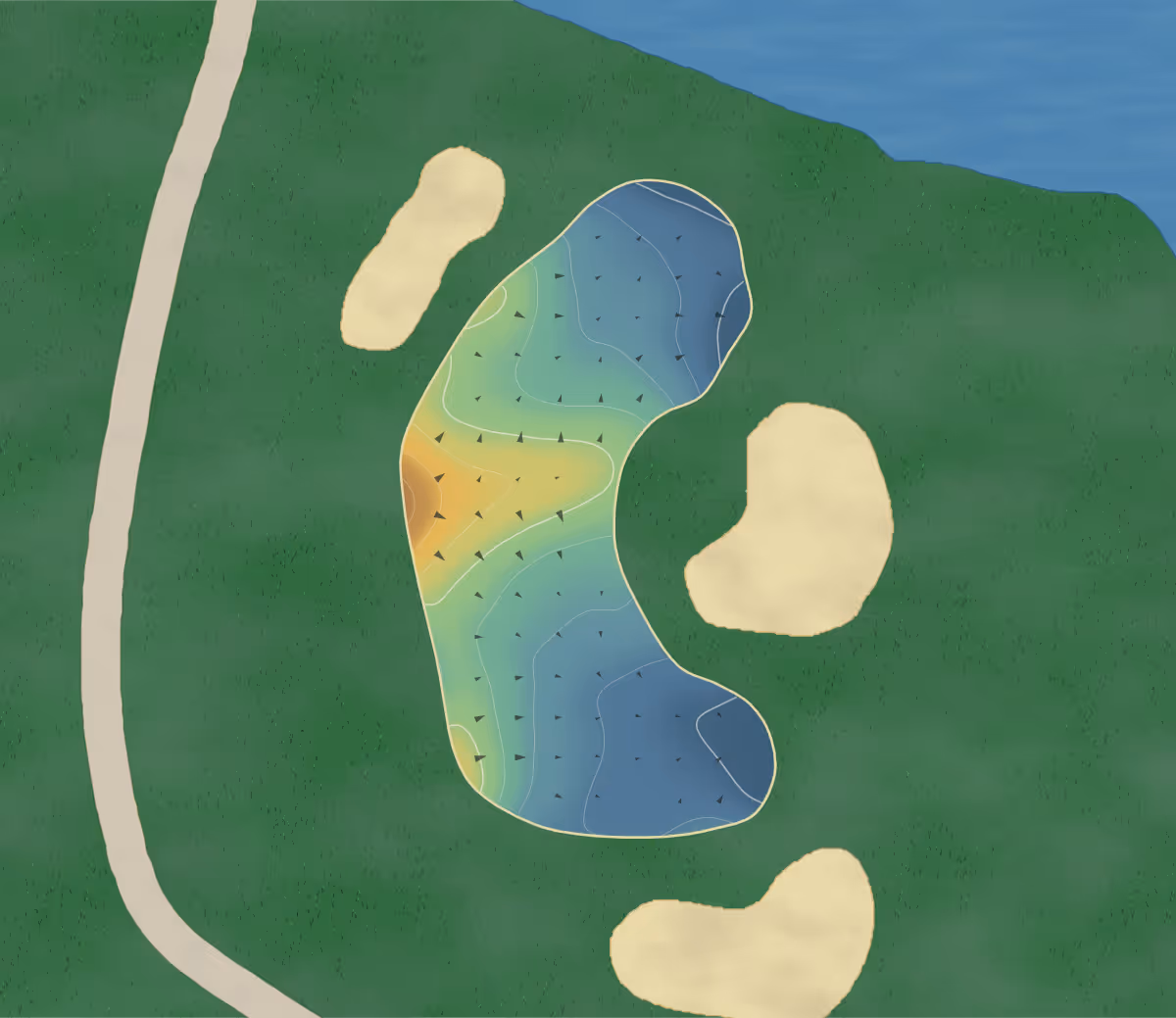 Green contour map of Lochmere in Cary, North Carolina: 48 elevation contours at a 3-inch interval with fall-line arrows, traced from 1-meter lidar