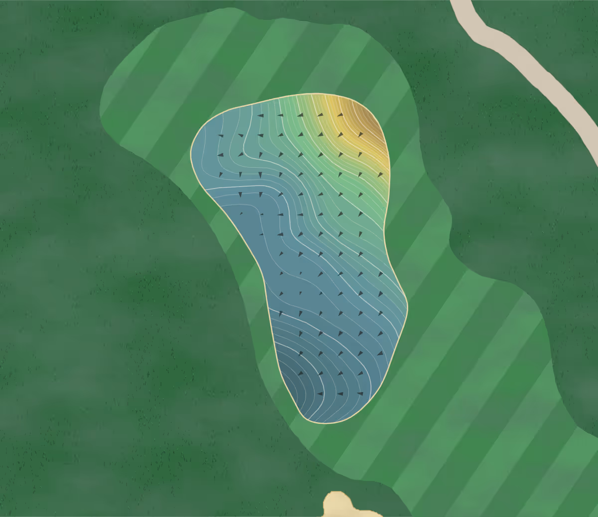 Green contour map of Lodestone GC in McHenry, Maryland — 271 elevation contours at a 3-inch interval with fall-line arrows, traced from 1-meter lidar
