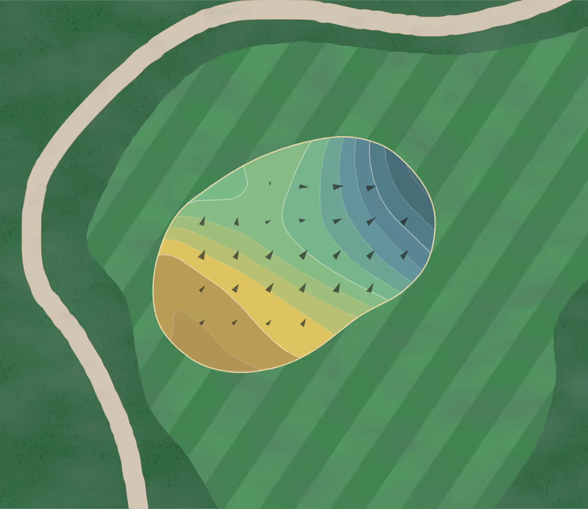 Green contour map of Lomas Santa Fe in Solana Beach, California — 70 elevation contours at a 3-inch interval with fall-line arrows, traced from 1-meter lidar