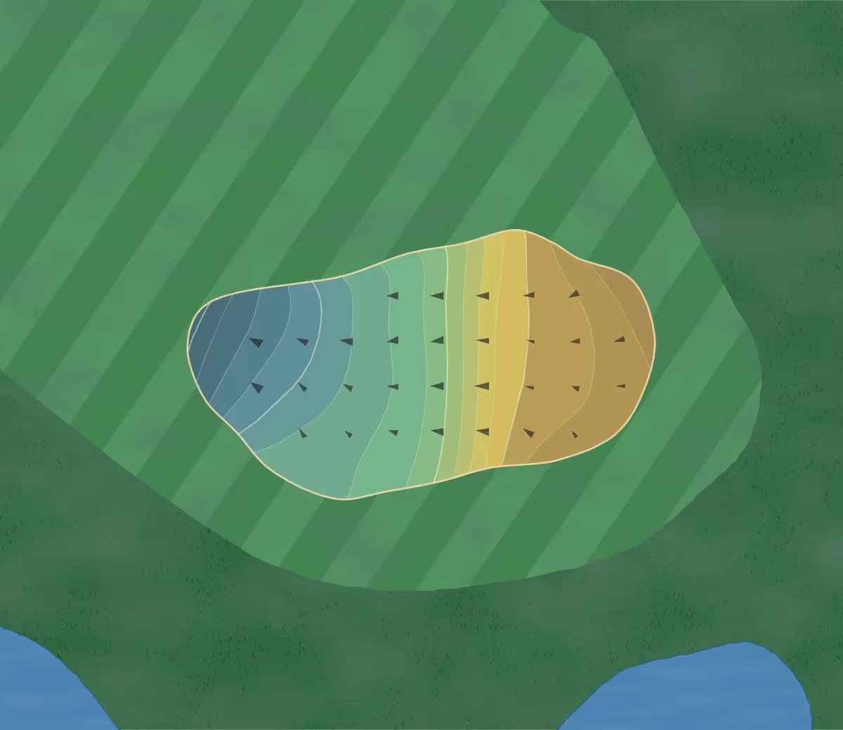 Green contour map of Lomas Santa in Solana Beach, California — 157 elevation contours at a 3-inch interval with fall-line arrows, traced from 1-meter lidar