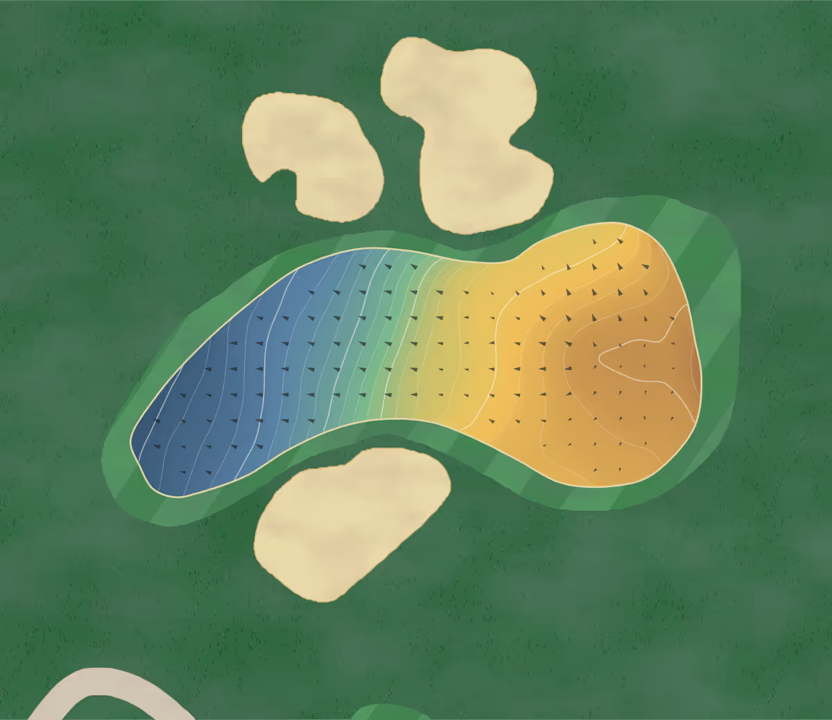 Green contour map of London Hunt in London, Canada — 211 elevation contours at a 8-centimeter interval with fall-line arrows, traced from 1-meter lidar