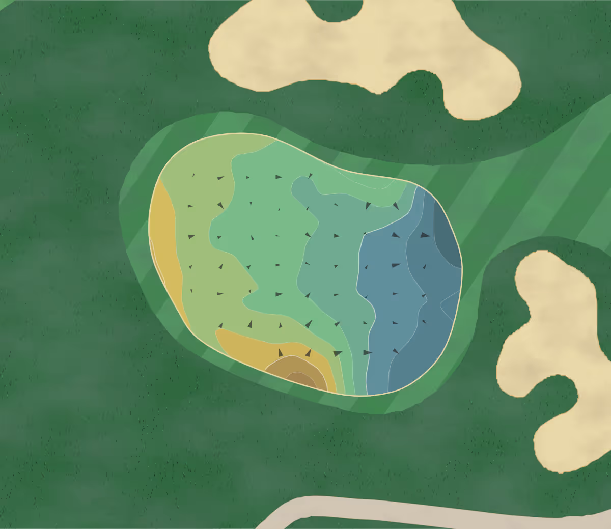 Green contour map of Longshore GC in Westport, Connecticut — 174 elevation contours at a 3-inch interval with fall-line arrows, traced from 1-meter lidar
