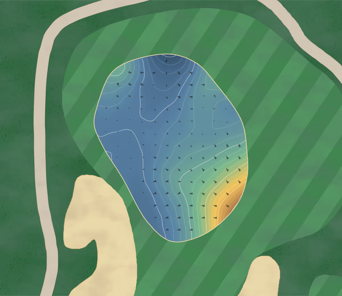 Green contour map of Lonnie Poole in Raleigh, North Carolina — 220 elevation contours at a 3-inch interval with fall-line arrows, traced from 1-meter lidar
