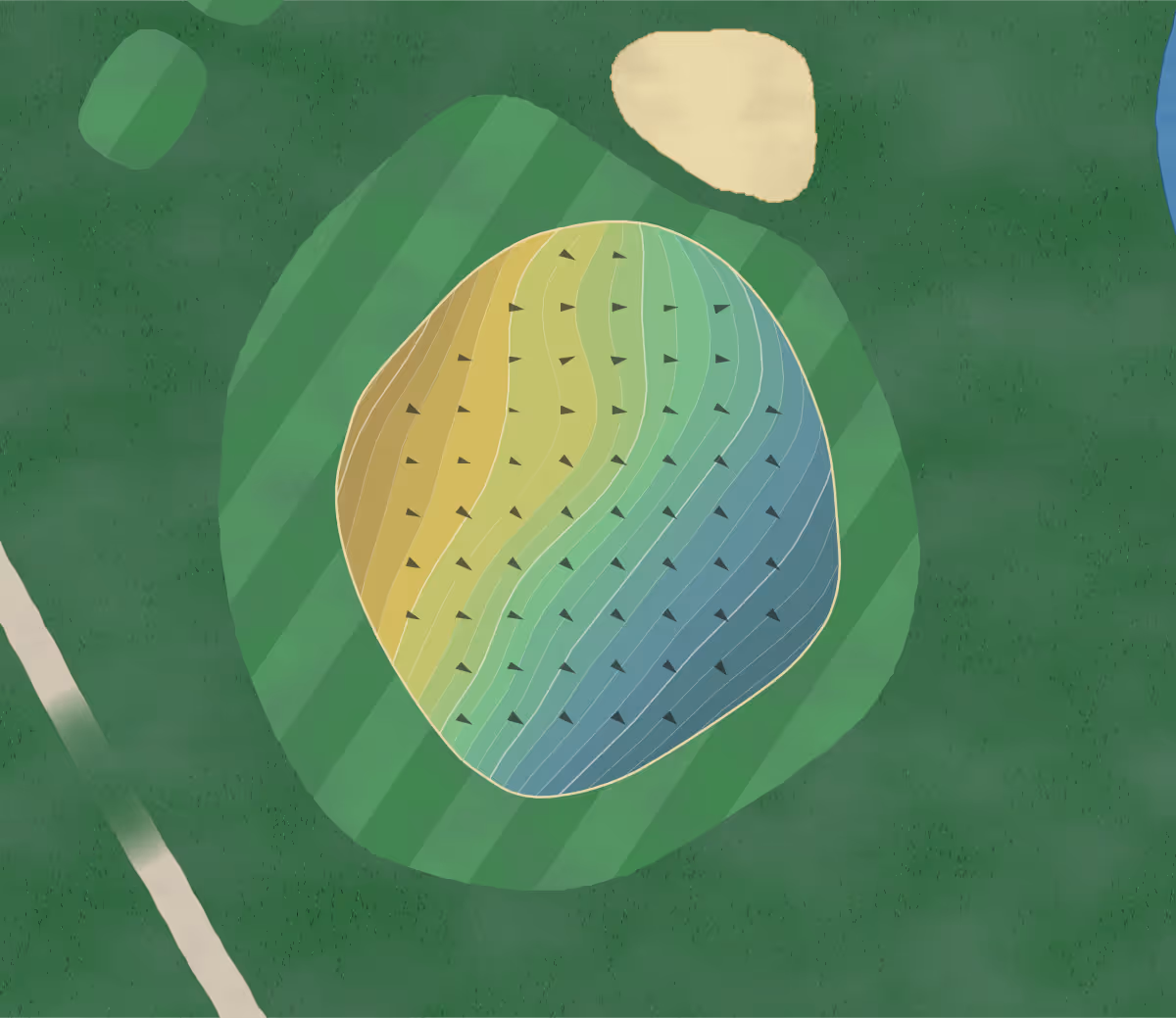 Green contour map of Lookout Mountain Club in Lookout Mountain, Tennessee — 250 elevation contours at a 3-inch interval with fall-line arrows, traced from 1-meter lidar