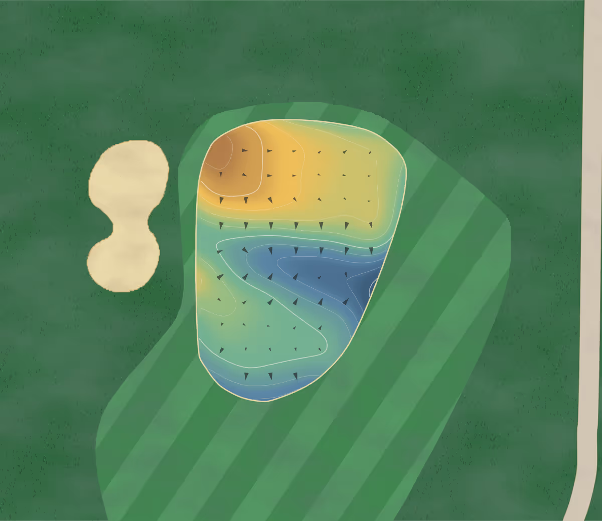 Green contour map of Lookout Point in Fonthill, Canada — 139 elevation contours at a 8-centimeter interval with fall-line arrows, traced from 1-meter lidar