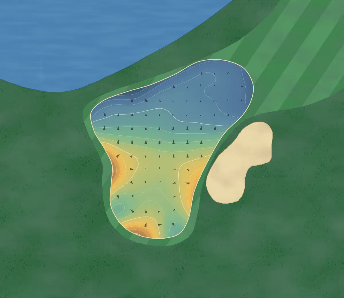 Green contour map of Los Coyotes in Buena Park, California — 118 elevation contours at a 3-inch interval with fall-line arrows, traced from 1-meter lidar