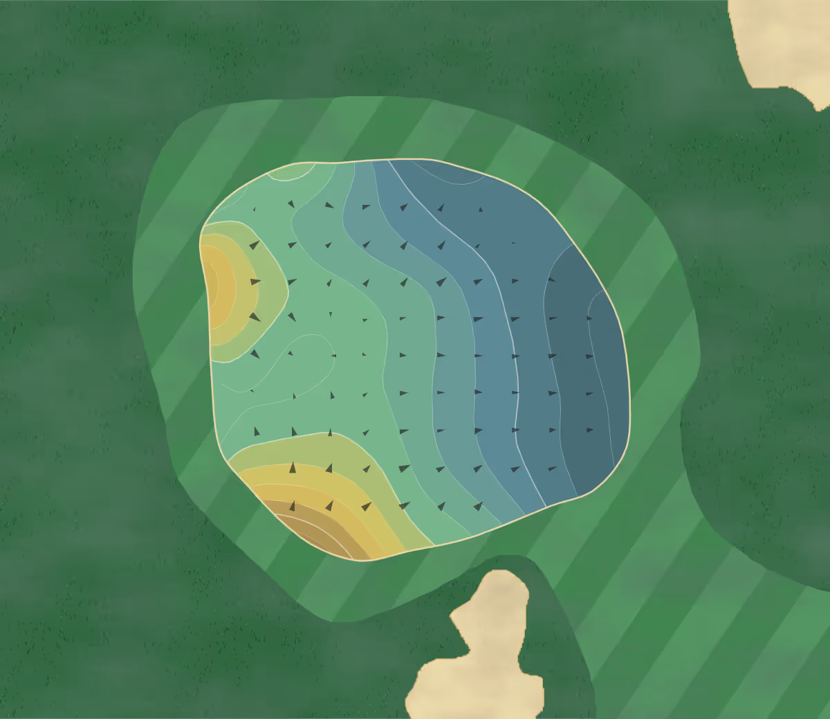 Green contour map of Los Robles in Thousand Oaks, California — 244 elevation contours at a 3-inch interval with fall-line arrows, traced from 1-meter lidar