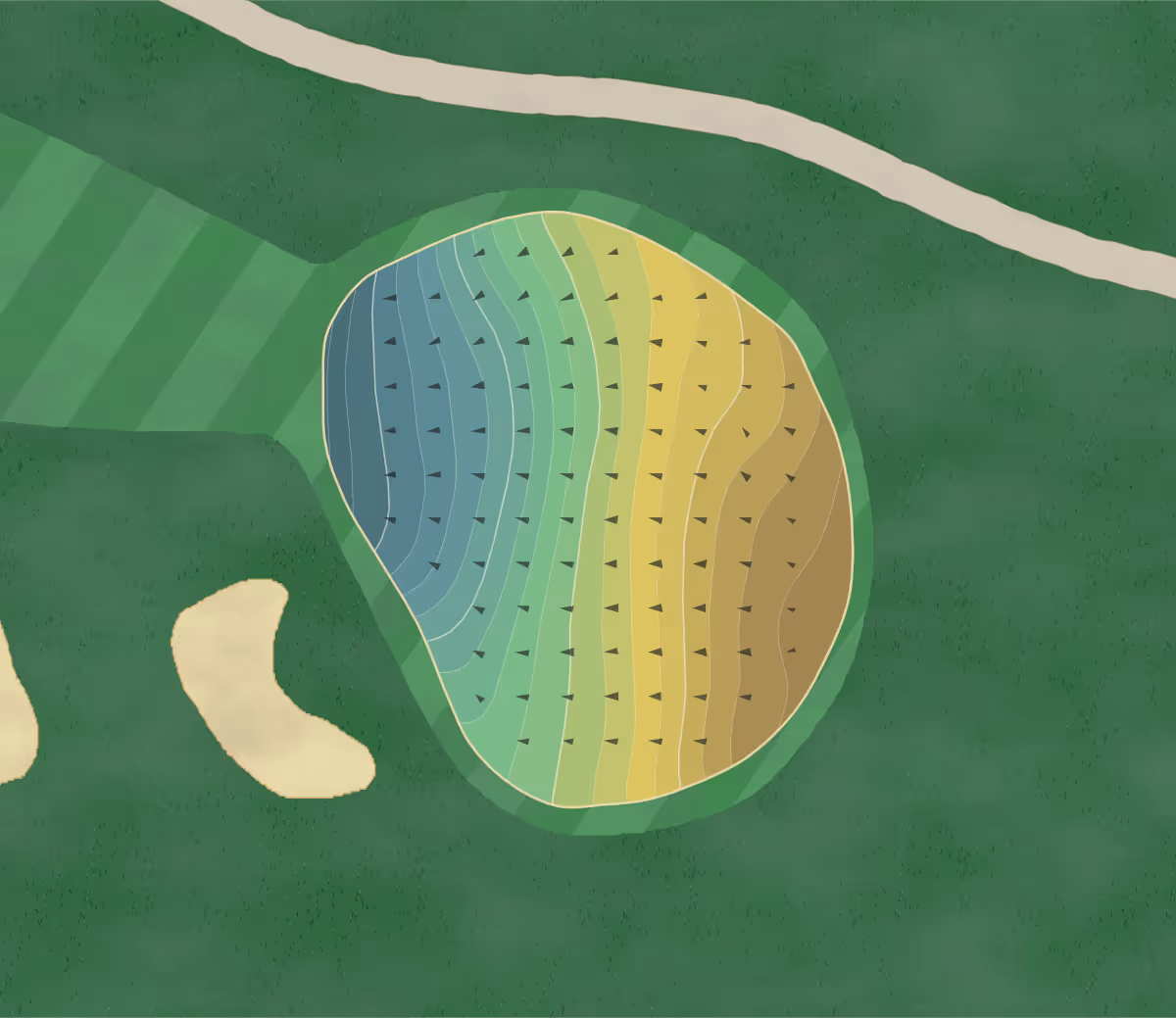 Green contour map of Louisquisset GC in North Providence, Rhode Island — 86 elevation contours at a 3-inch interval with fall-line arrows, traced from 1-meter lidar