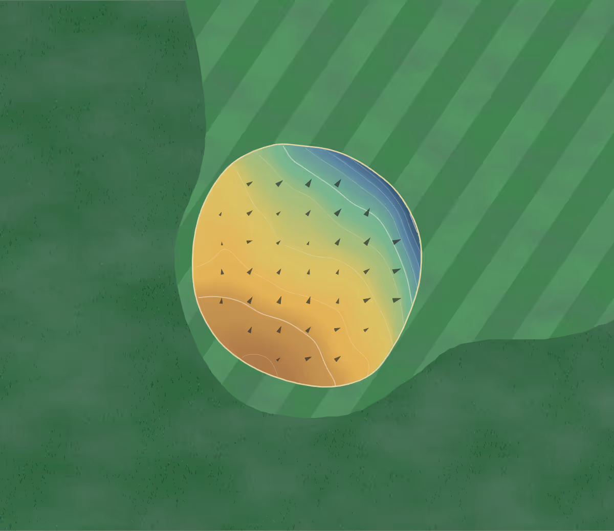 Green contour map of Louse Creek CC in Flasher, North Dakota: 61 elevation contours at a 3-inch interval with fall-line arrows, traced from 1-meter lidar