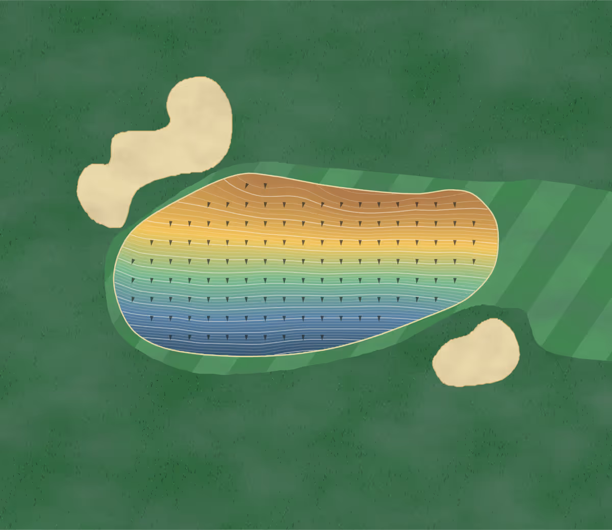 Green contour map of Lucan Golf Club in Lucan, Ireland: 253 elevation contours at a 8-centimeter interval with fall-line arrows, traced from 1-meter lidar