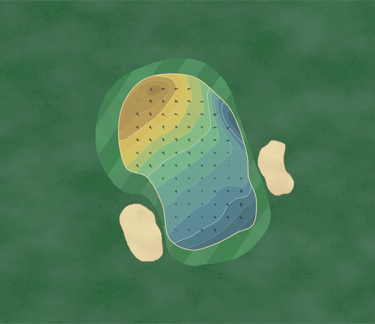 Green contour map of Ludlow GC in Ludlow, England — 138 elevation contours at a 8-centimeter interval with fall-line arrows, traced from 1-meter lidar