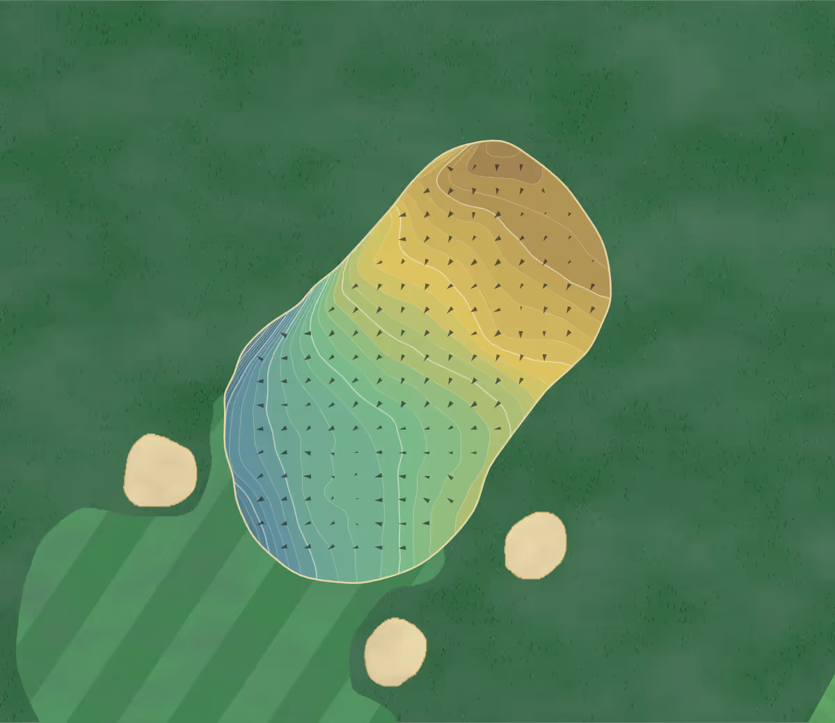 Green contour map of Luffenham Heath in Rutland, England — 241 elevation contours at a 8-centimeter interval with fall-line arrows, traced from 1-meter lidar