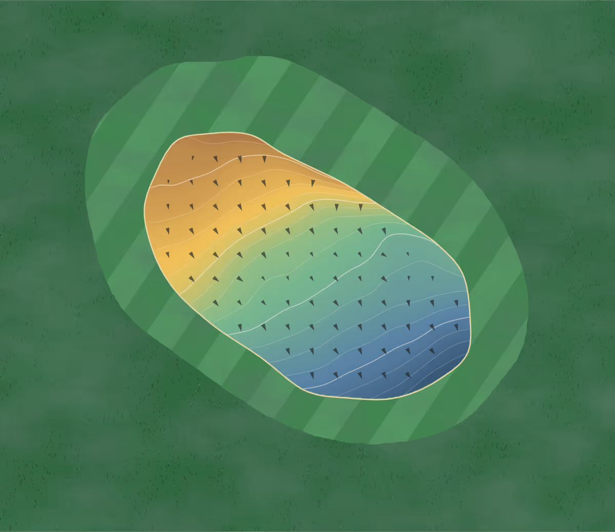 Green contour map of Lullingstone Park in Nr Orpington, England: 159 elevation contours at a 8-centimeter interval with fall-line arrows, traced from 1-meter lidar