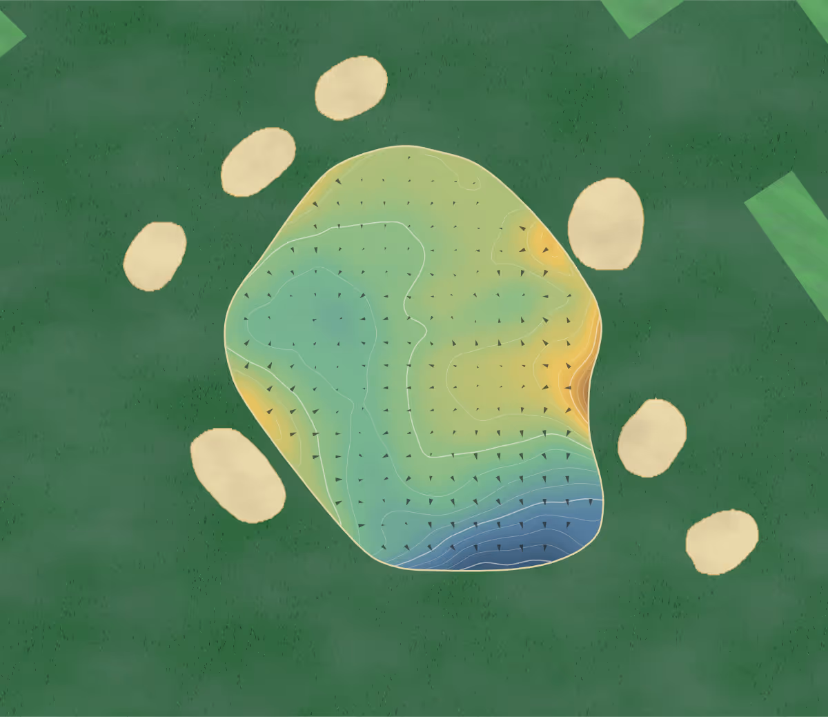 Green contour map of Lundin in Leven, Scotland: 162 elevation contours at a 8-centimeter interval with fall-line arrows, traced from 1-meter lidar