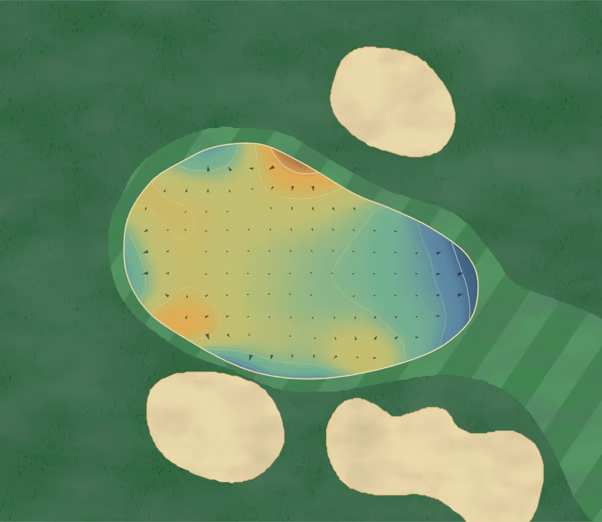 Green contour map of Luttrellstown in Dublin, Ireland: 5 elevation contours at a 8-centimeter interval with fall-line arrows, traced from 1-meter lidar