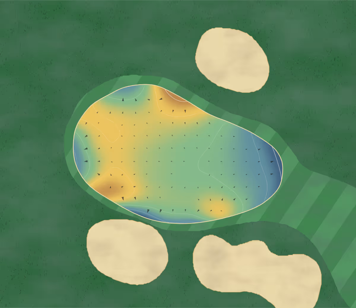 Green contour map of Luttrellstown in Dublin 15, Ireland — 5 elevation contours at a 8-centimeter interval with fall-line arrows, traced from 1-meter lidar