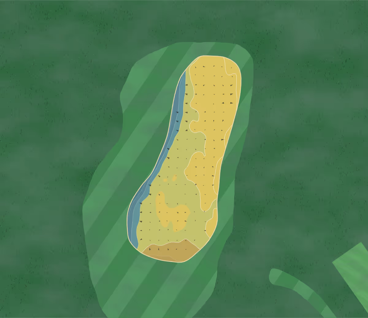 Green contour map of Lymm GC in Lymm, England — 133 elevation contours at a 8-centimeter interval with fall-line arrows, traced from 1-meter lidar