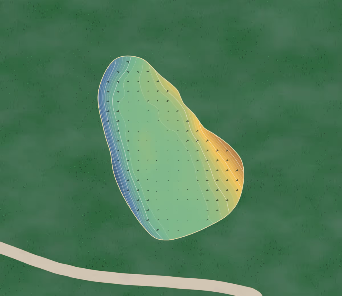 Green contour map of Lynbrook in Moose Jaw, Canada: 199 elevation contours at a 8-centimeter interval with fall-line arrows, traced from 1-meter lidar