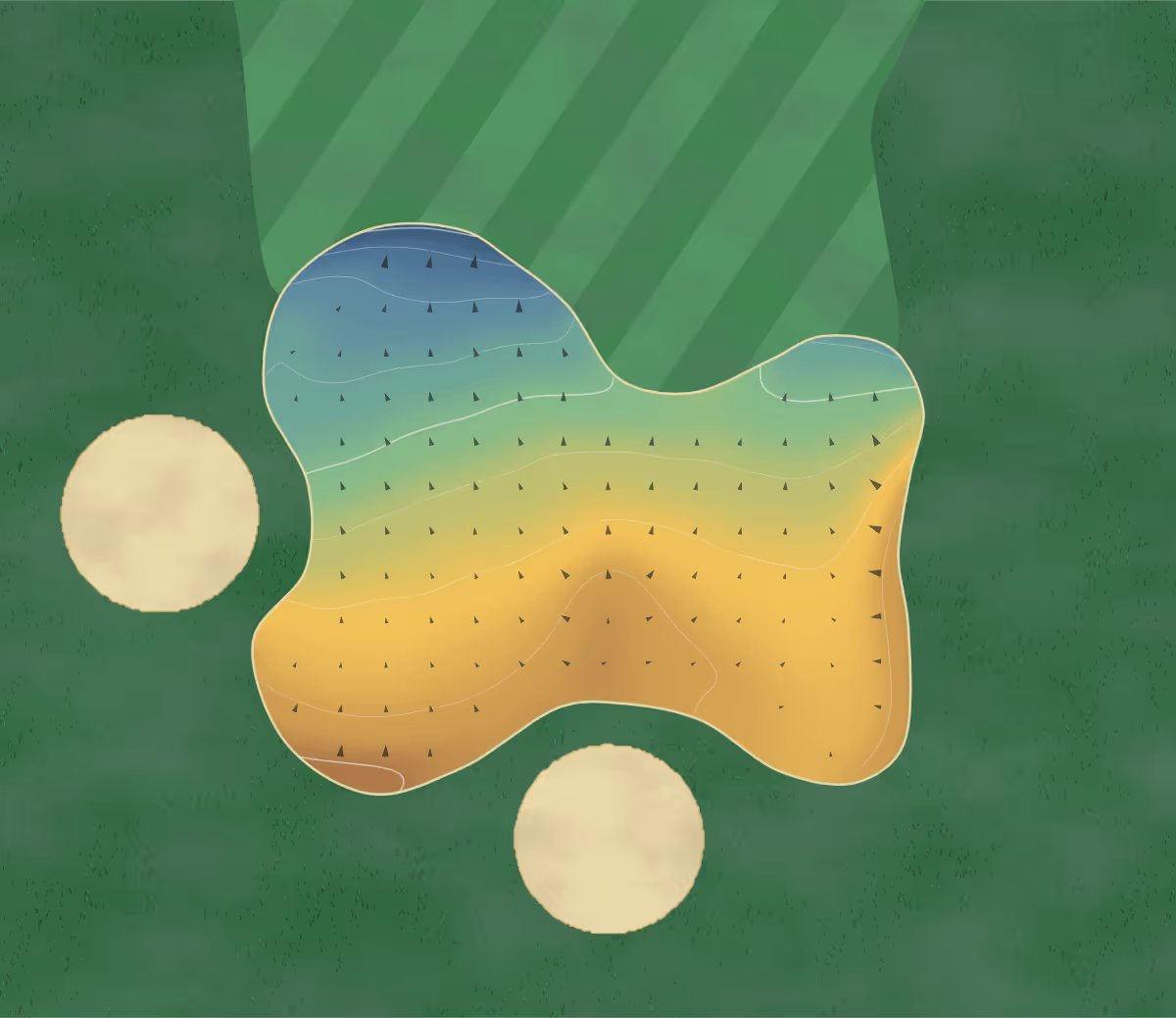Green contour map of Lyon Salvagny in La Tour-de-Salvagny, France — 19 elevation contours at a 8-centimeter interval with fall-line arrows, traced from 1-meter lidar