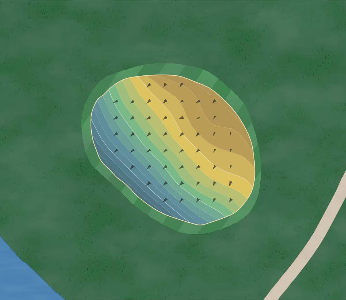Green contour map of Lyons Den Golf Course in Canal Fulton, Ohio — 144 elevation contours at a 3-inch interval with fall-line arrows, traced from 1-meter lidar