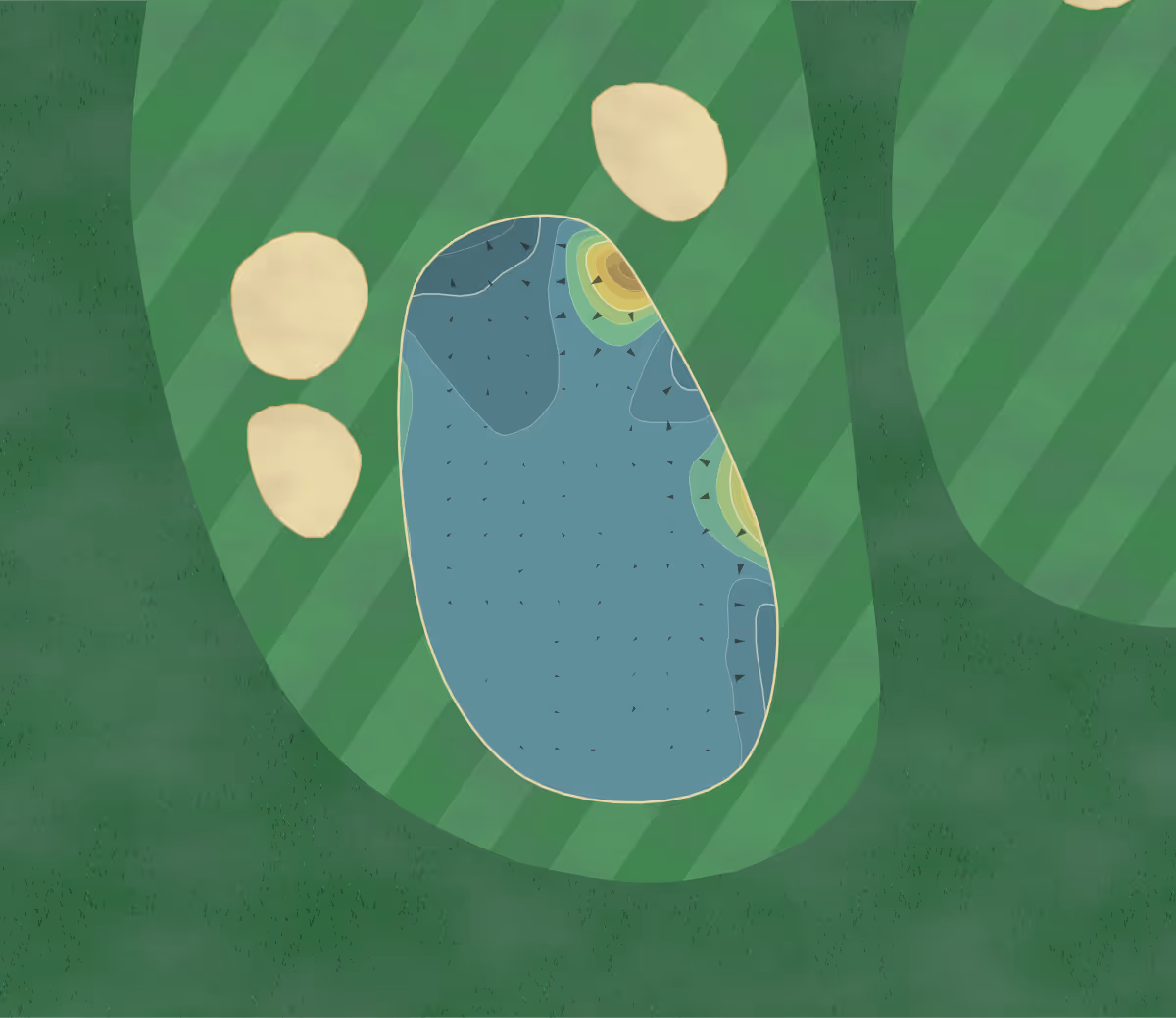 Green contour map of Lytham Green in Lancashire, England — 120 elevation contours at a 8-centimeter interval with fall-line arrows, traced from 1-meter lidar