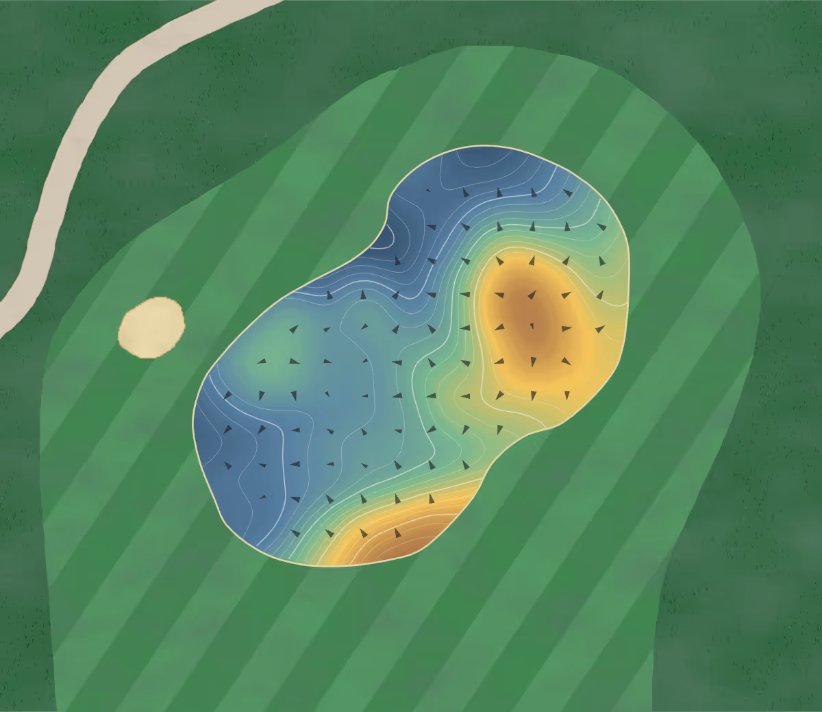 Green contour map of Macarthur Grange in Varroville, Australia — 31 elevation contours at a 8-centimeter interval with fall-line arrows, traced from 1-meter lidar