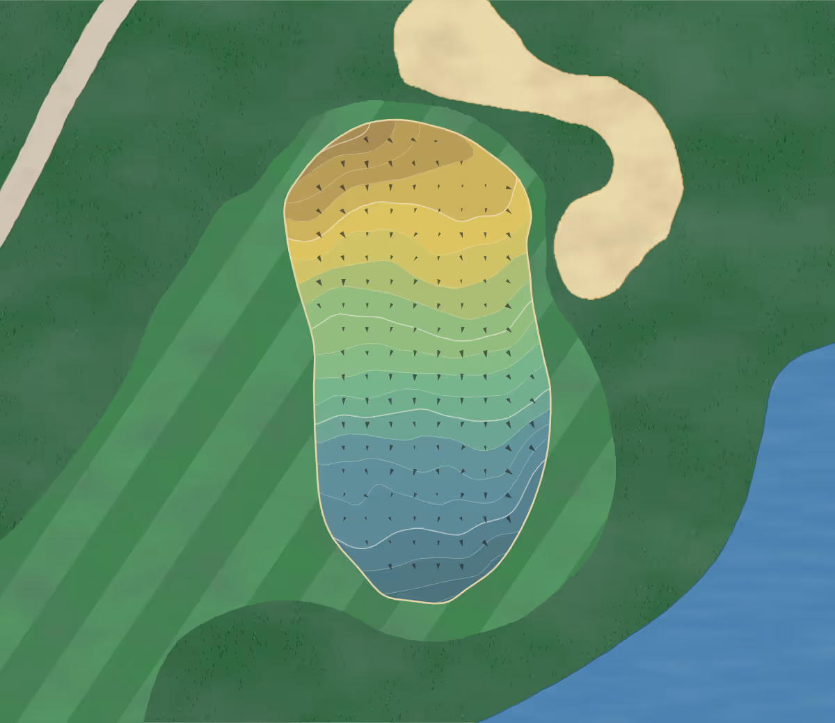 Green contour map of Macatawa Legends in Holland, Michigan — 250 elevation contours at a 3-inch interval with fall-line arrows, traced from 1-meter lidar