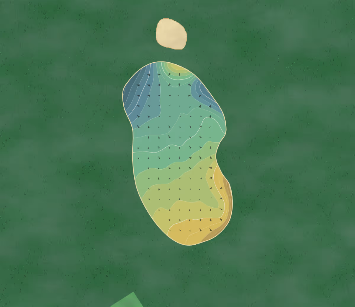 Green contour map of Macclesfield GC in Macclesfield, England — 213 elevation contours at a 8-centimeter interval with fall-line arrows, traced from 1-meter lidar