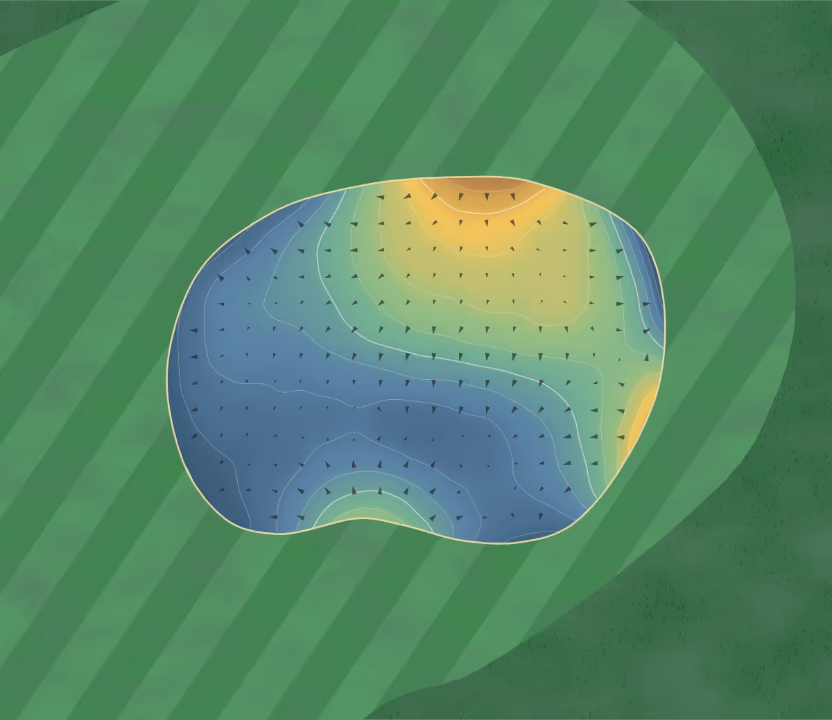 Green contour map of Cardrona in Peebles, Scotland: 198 elevation contours at a 8-centimeter interval with fall-line arrows, traced from 1-meter lidar