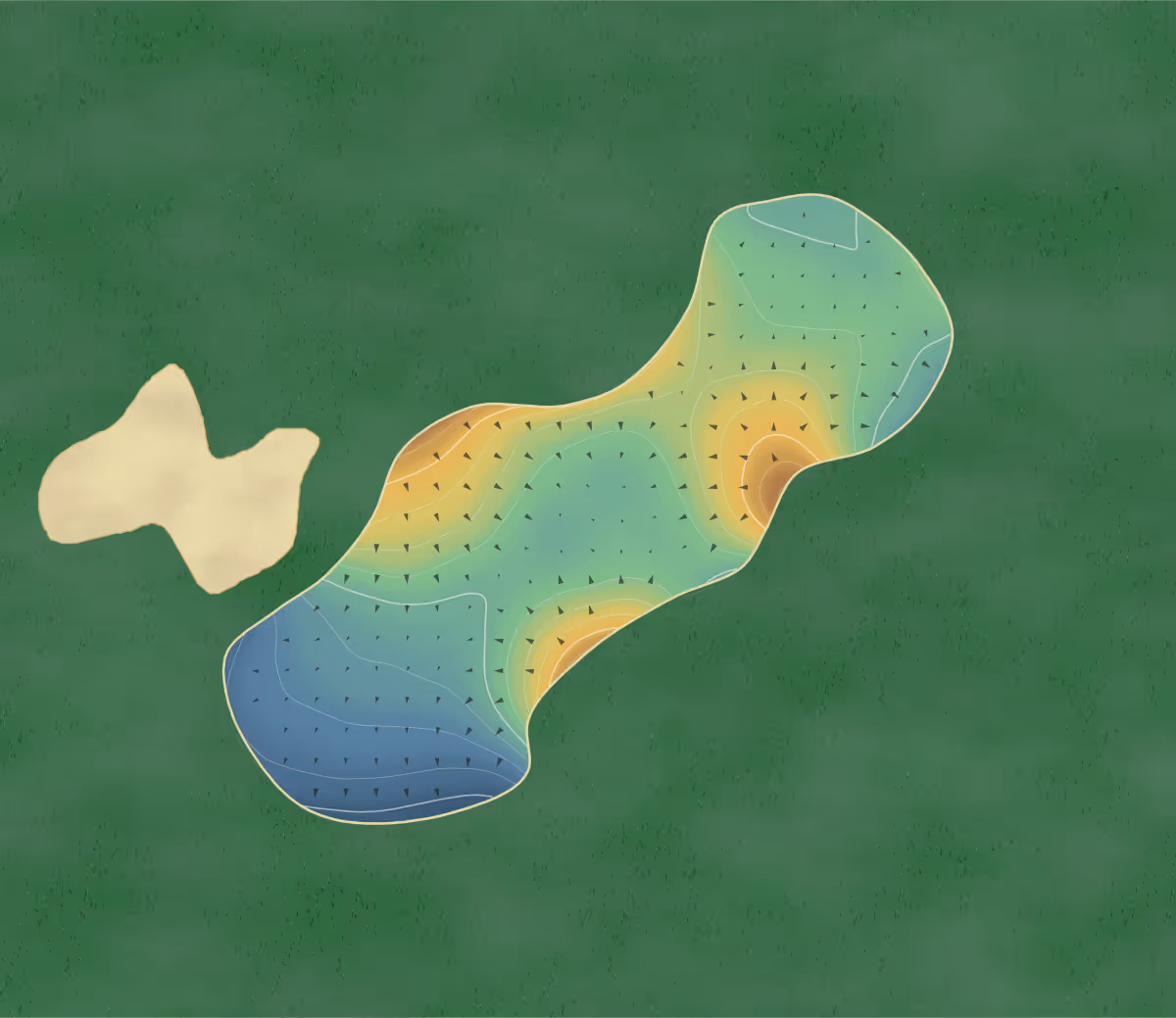 Green contour map of Cardrona in Peebles, United Kingdom — 194 elevation contours at a 8-centimeter interval with fall-line arrows, traced from 1-meter lidar