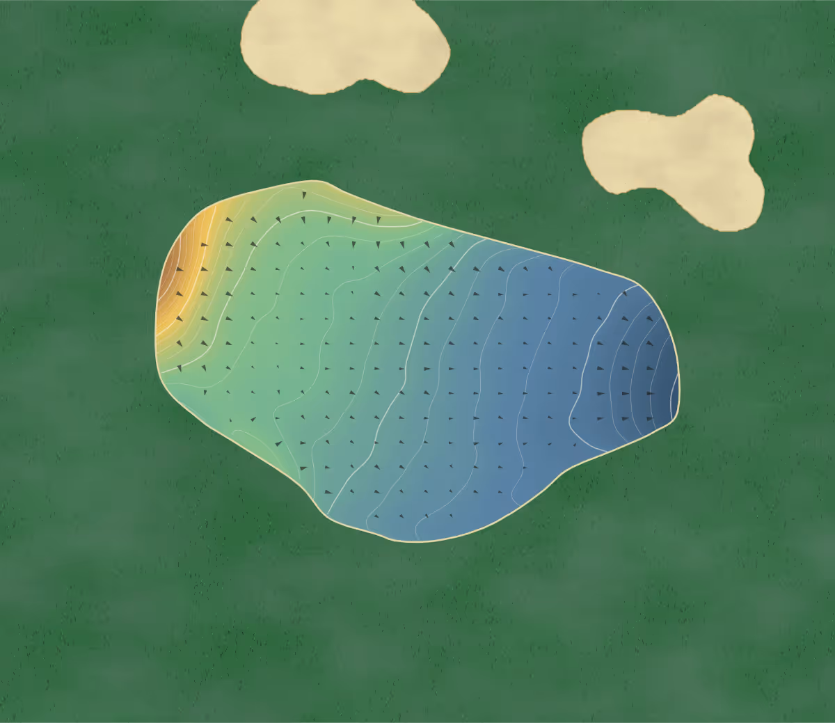 Green contour map of Linden Hall in Morpeth, England: 207 elevation contours at a 8-centimeter interval with fall-line arrows, traced from 1-meter lidar