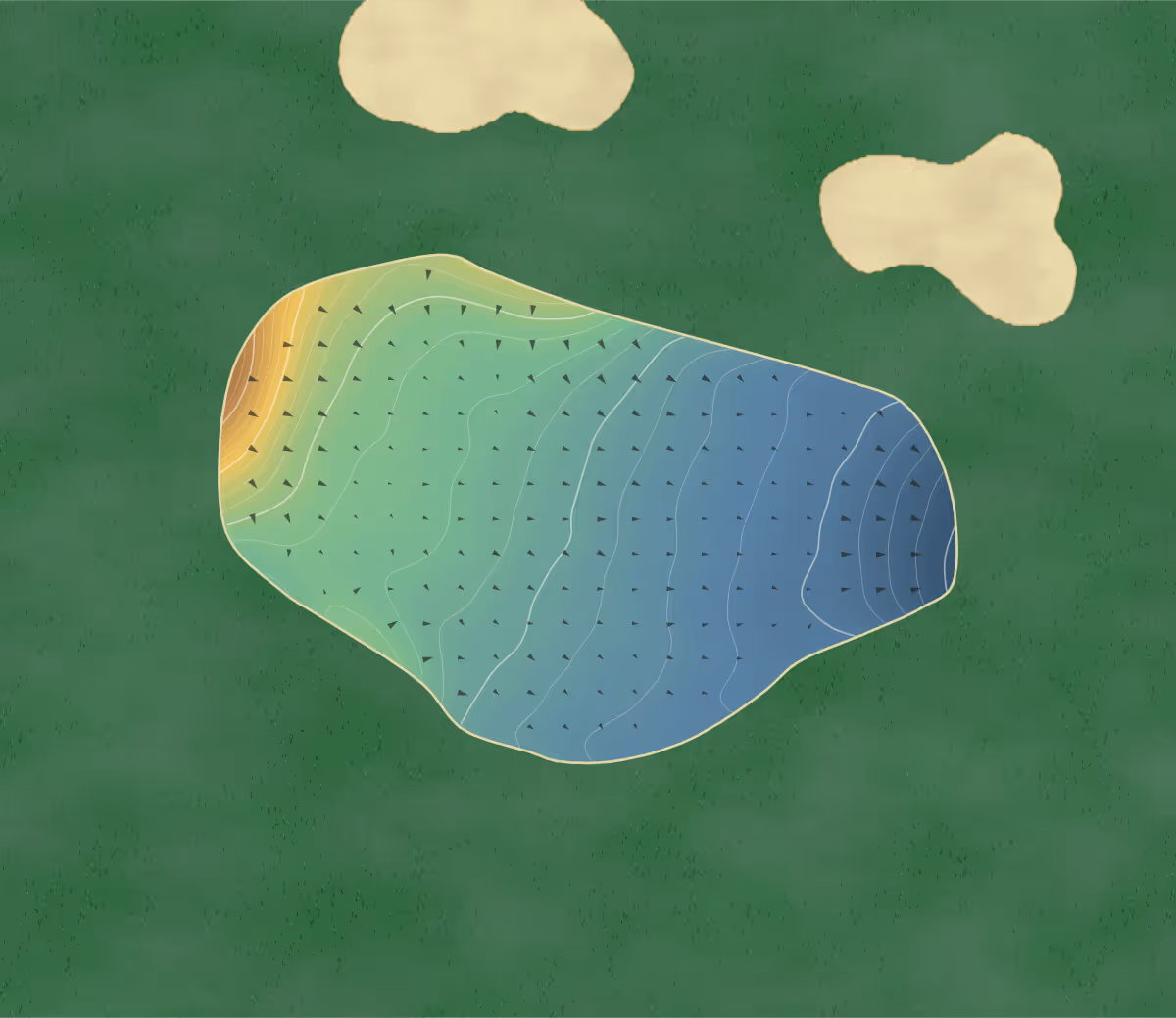 Green contour map of Linden Hall in Morpeth, England — 207 elevation contours at a 8-centimeter interval with fall-line arrows, traced from 1-meter lidar