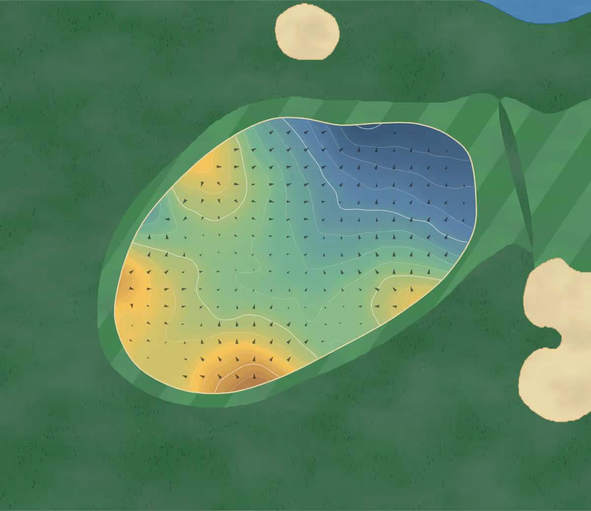 Green contour map of Spey Valley in Aviemore, Scotland: 214 elevation contours at a 8-centimeter interval with fall-line arrows, traced from 1-meter lidar