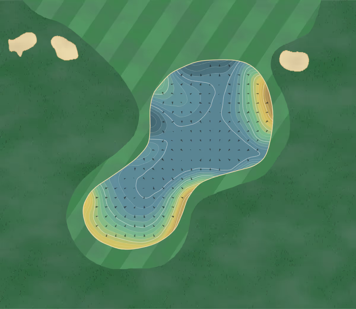 Green contour map of Machrihanish Dunes in Argyll, Scotland — 378 elevation contours at a 8-centimeter interval with fall-line arrows, traced from 1-meter lidar