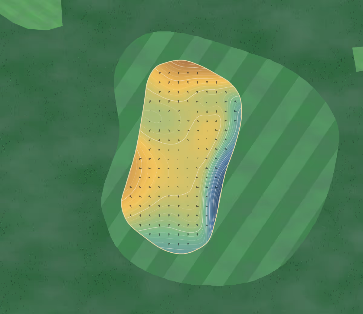 Green contour map of Machrihanish in Campbeltown, Scotland — 254 elevation contours at a 8-centimeter interval with fall-line arrows, traced from 1-meter lidar