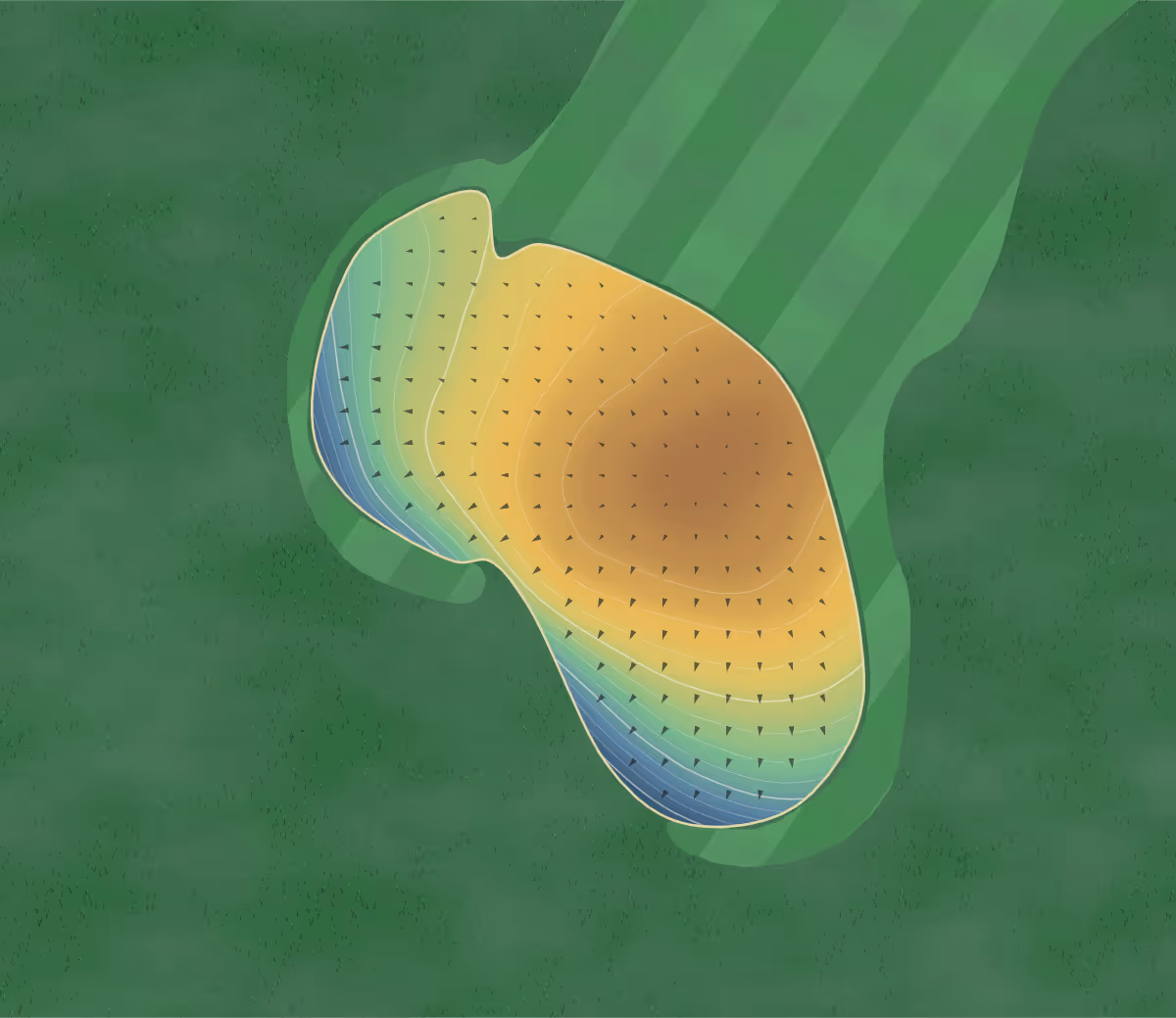 Green contour map of Macreddin in Aughrim, Ireland — 108 elevation contours at a 8-centimeter interval with fall-line arrows, traced from 1-meter lidar