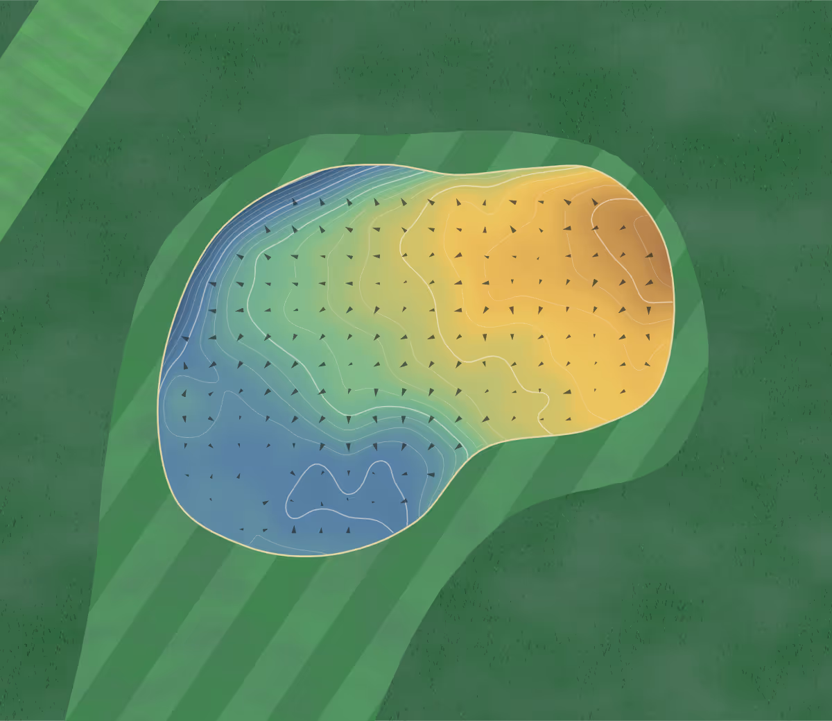 Green contour map of Macroom in Macroom, Ireland: 167 elevation contours at a 8-centimeter interval with fall-line arrows, traced from 1-meter lidar