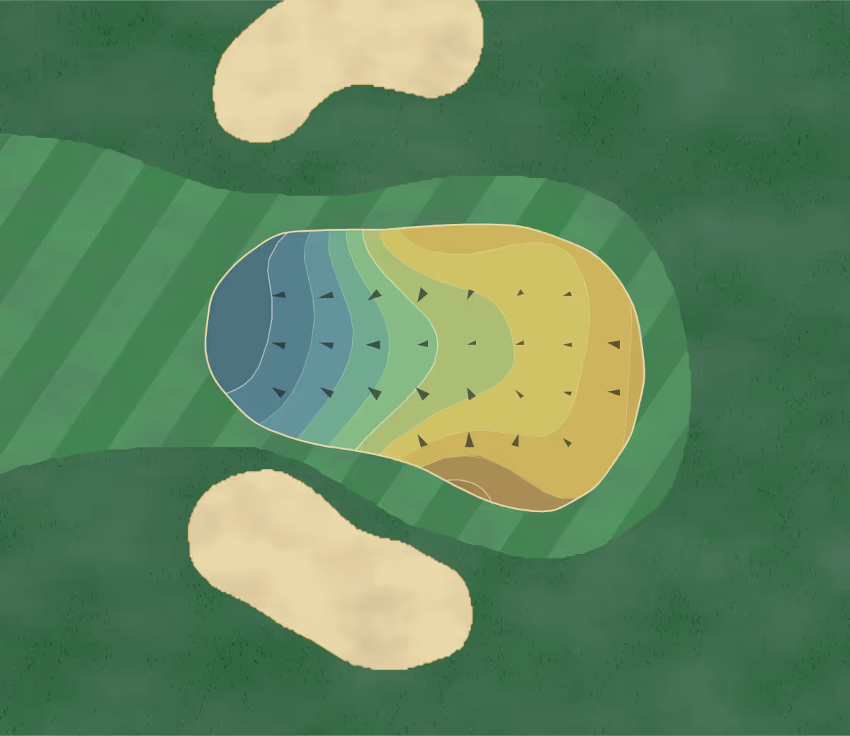 Green contour map of Madera CC in Madera, California — 17 elevation contours at a 3-inch interval with fall-line arrows, traced from 1-meter lidar