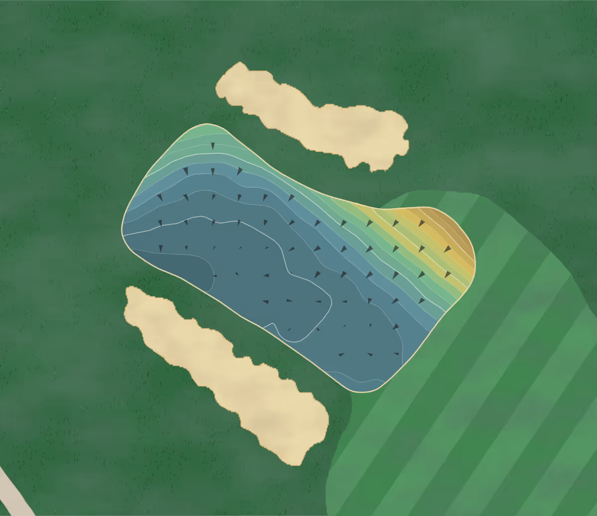 Green contour map of Madison CC in Madison, Connecticut — 197 elevation contours at a 3-inch interval with fall-line arrows, traced from 1-meter lidar