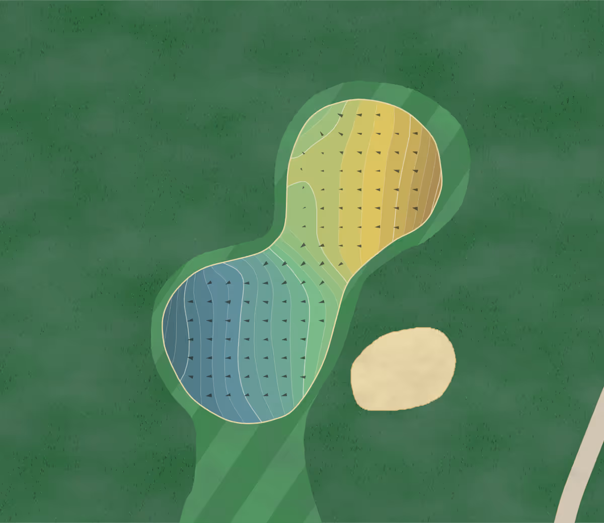 Green contour map of Madrona Links in Gig Harbor, Washington — 216 elevation contours at a 3-inch interval with fall-line arrows, traced from 1-meter lidar
