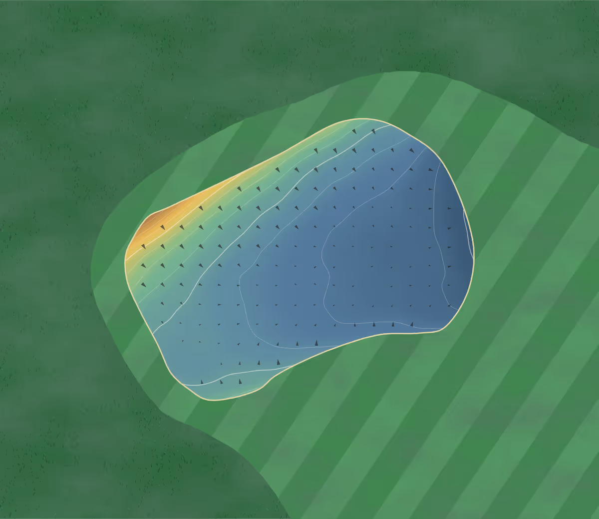 Green contour map of Magdalene Fields in Berwick-Upon-Tweed, England — 57 elevation contours at a 8-centimeter interval with fall-line arrows, traced from 1-meter lidar