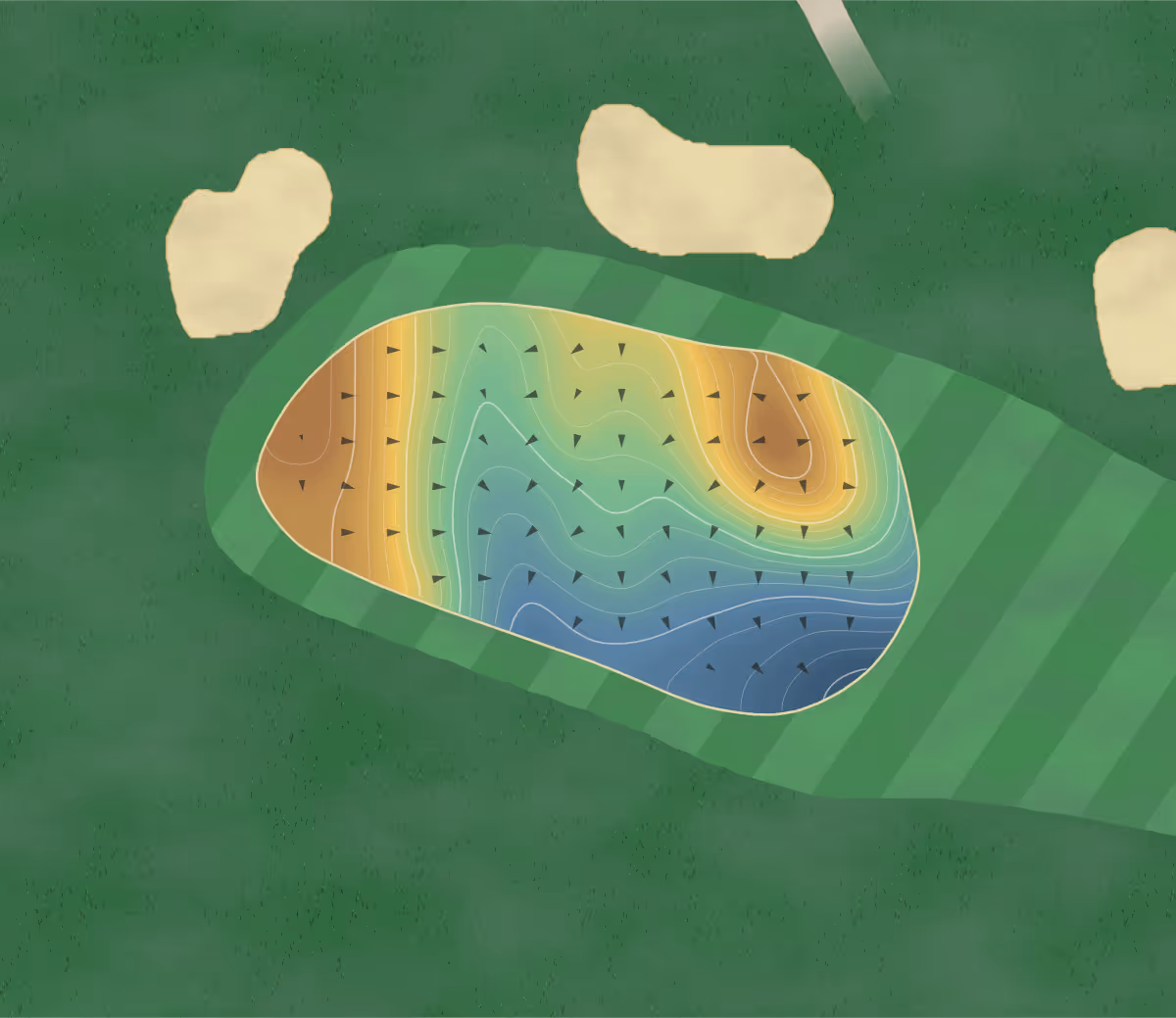Green contour map of Mahon Golf Club in Cork, Ireland: 203 elevation contours at a 8-centimeter interval with fall-line arrows, traced from 1-meter lidar