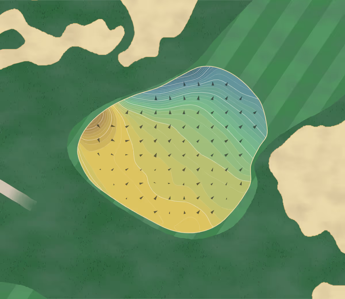 Green contour map of Maidstone in East Hampton, New York — 374 elevation contours at a 3-inch interval with fall-line arrows, traced from 1-meter lidar